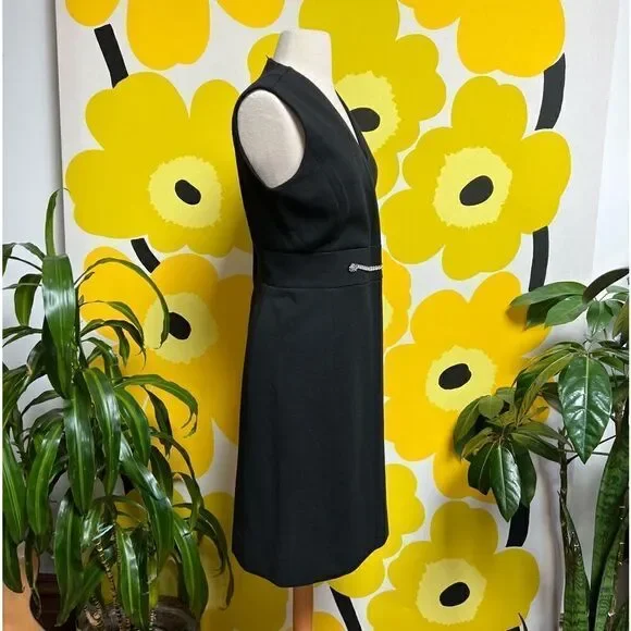 Mod Black Sleeveless Vintage 1960s / 1970s Knit Rhinestone Accent Mini Dress - Picture 6 of 9